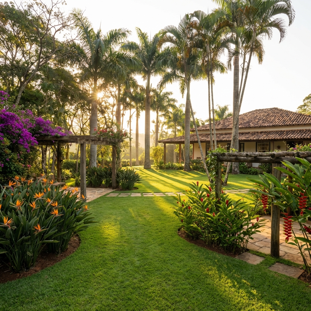 Jardim bem cuidado com gramado verde e plantas ornamentais
